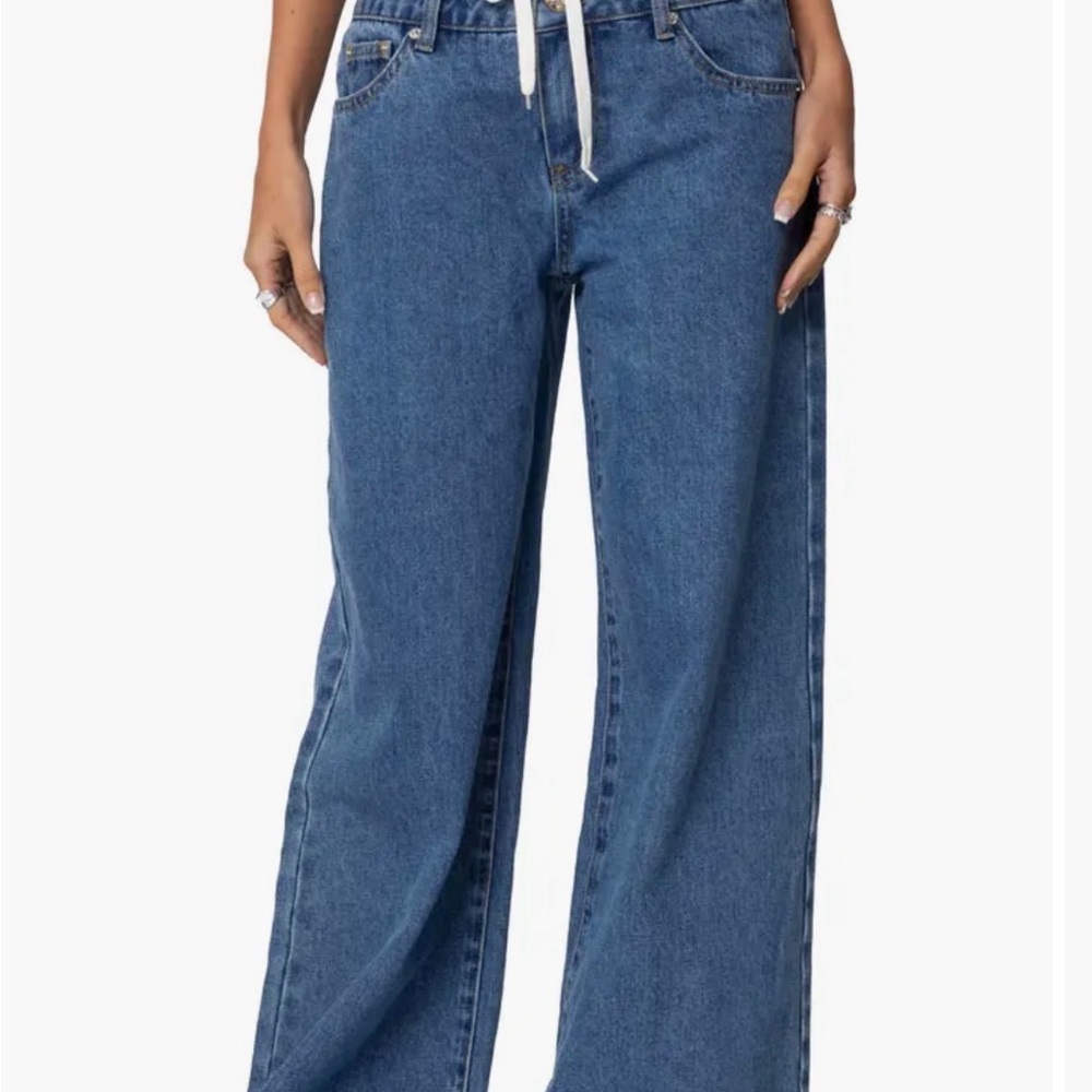 Edikted Wide-Leg Drawstring Jeans in Medium Blue